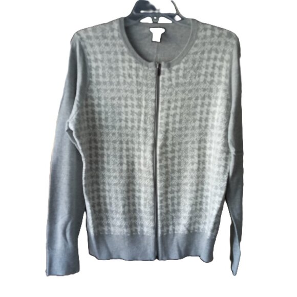 Ann Taylor zip front houndstooth front grey sweater cartigan sz L EUC  /B5 - Picture 1 of 7